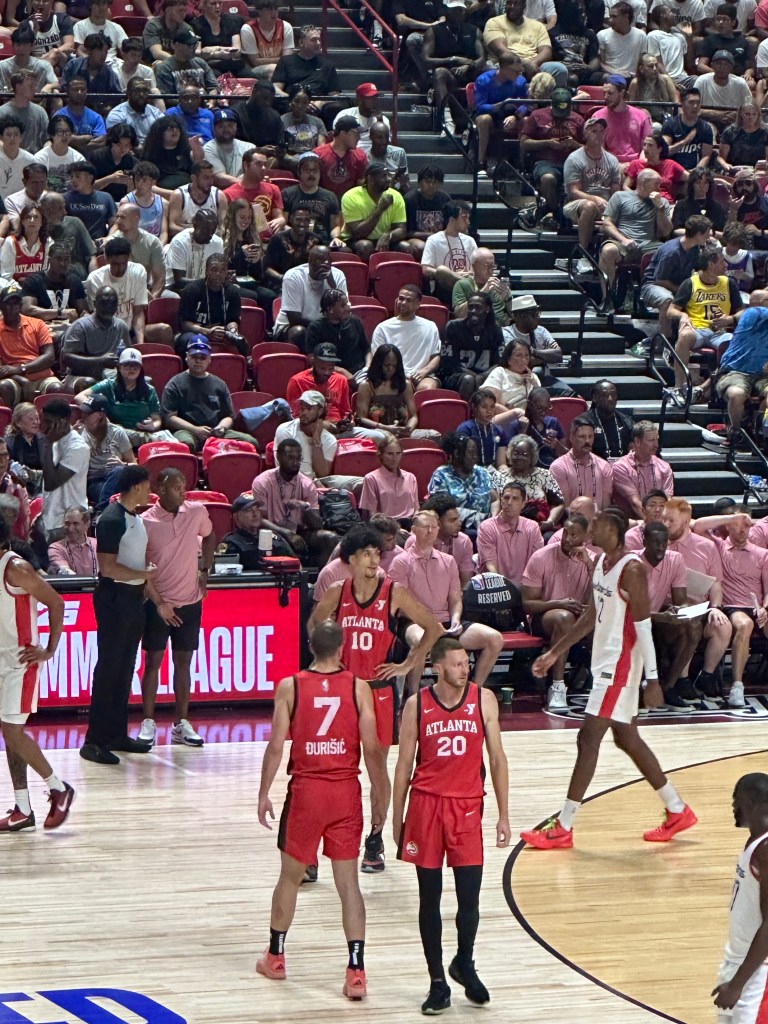 This image was take at NBA 2K25 Summer League. It showcases prominent members of the Atlanta Hawks Summer League team such as first overall pick Zaccharie Risacher, second-round draft pick Nikola Đurišić and Dylan Windler.